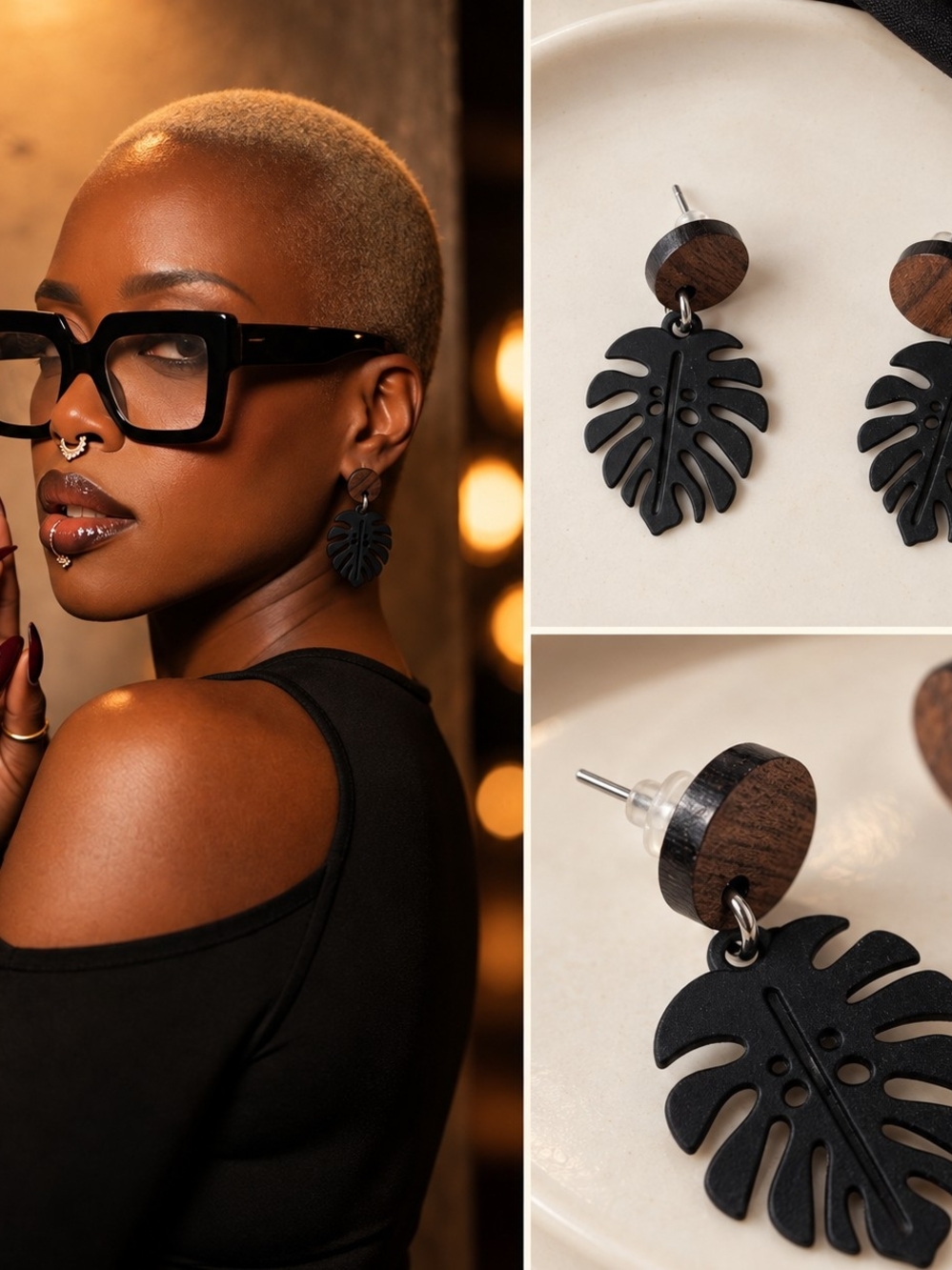Black Monstera Leaf Drop Earrings — Women Jewelry